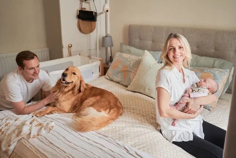 New parents with their baby and golden retriever during a relaxed bedroom photoshoot